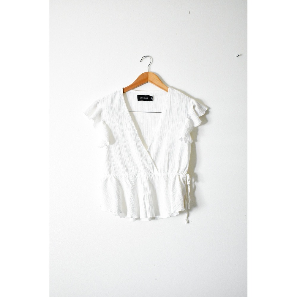 MINKPINK Blouse Women Medium White Modern Ruffle Peplum Gauze Wrap Top